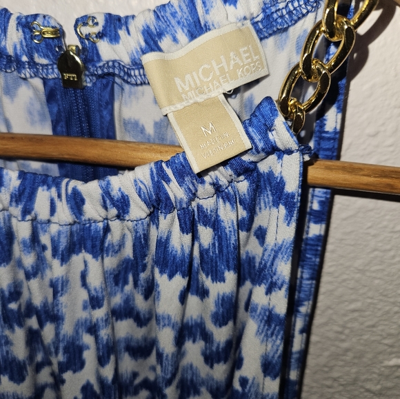 Michael Kors MK Gold Chain Blue Sky Puffy Clouds Midi Dress M NWOT - Picture 4 of 8